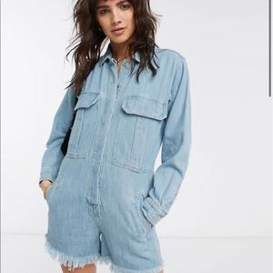 free people fringe blue Jean romper